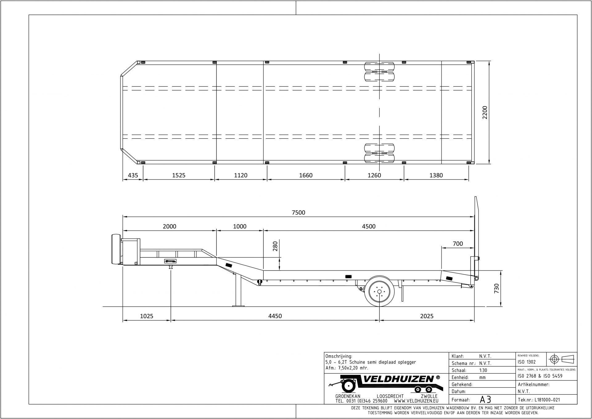 Schuine semi dieplaad opl 5-6,2T 7,50x2,20