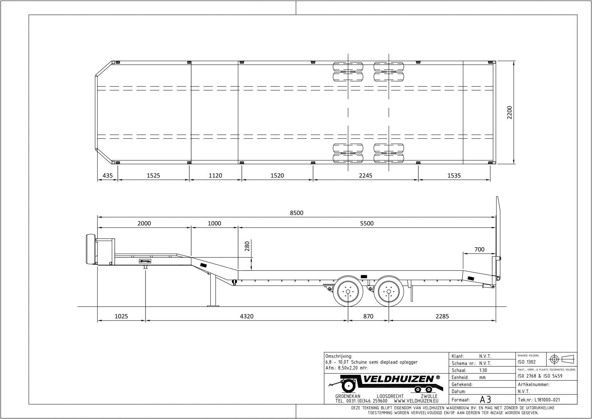 Schuine semi dieplaad opl 6,8-10T 8,50x2,20
