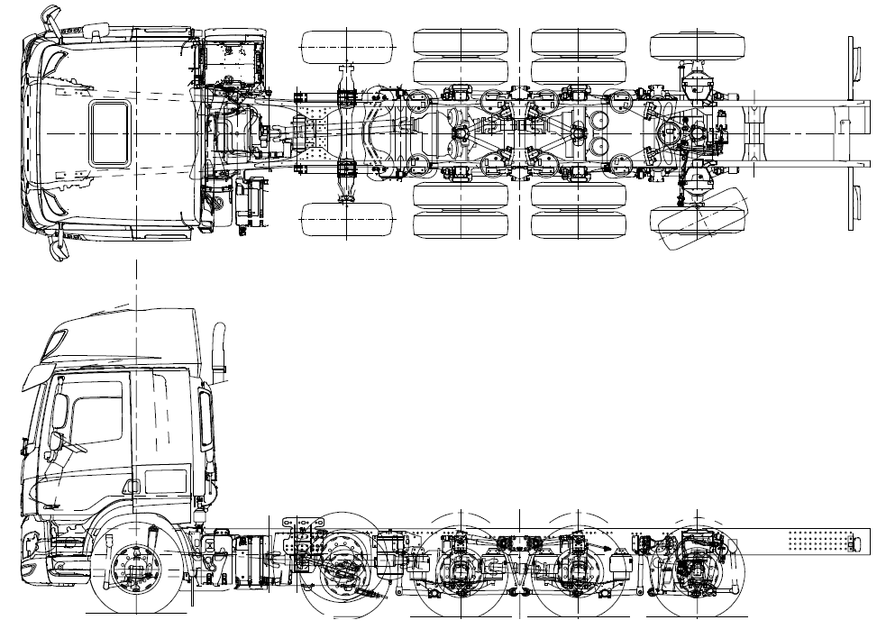 Tekening DAF CF FAW 10x4 met gestuurde 2de vooras